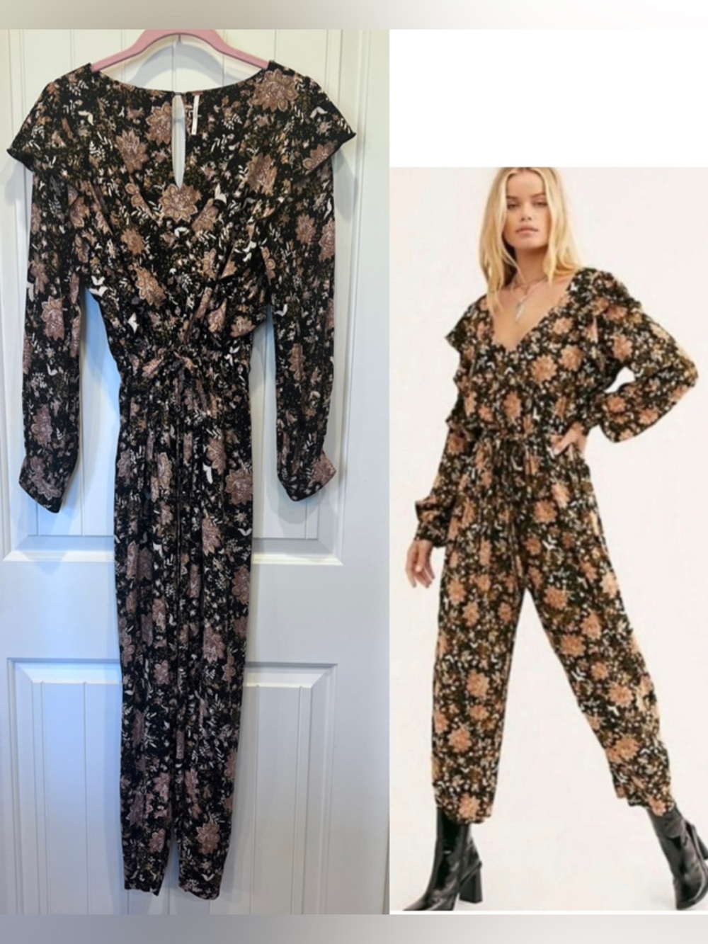 Free People Floral Lux Jumpsuit XS black ruffle ballon sleeve drawstring boho